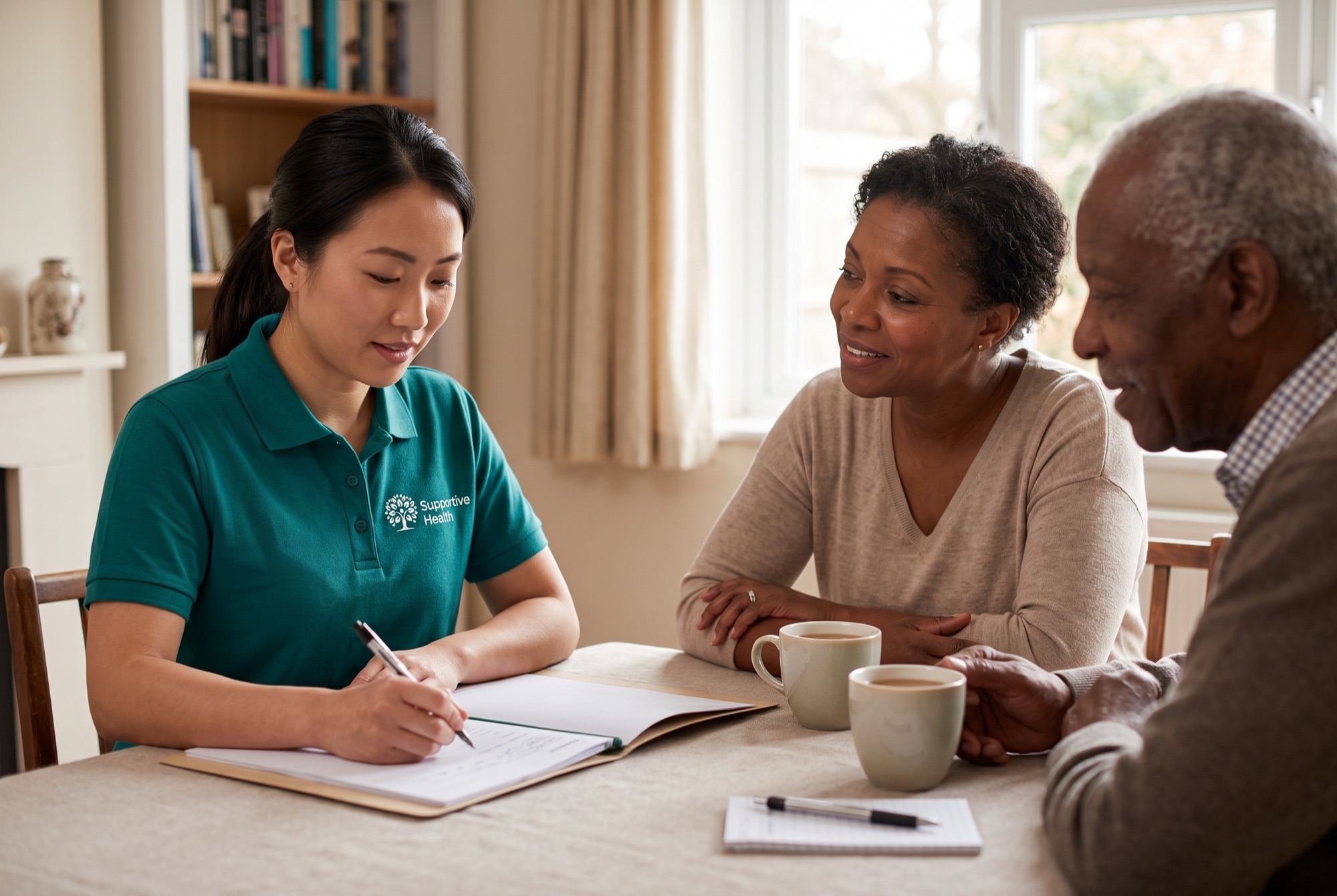 Supportive Health care coordinator carrying out a free care assessment with a family at home in Northampton