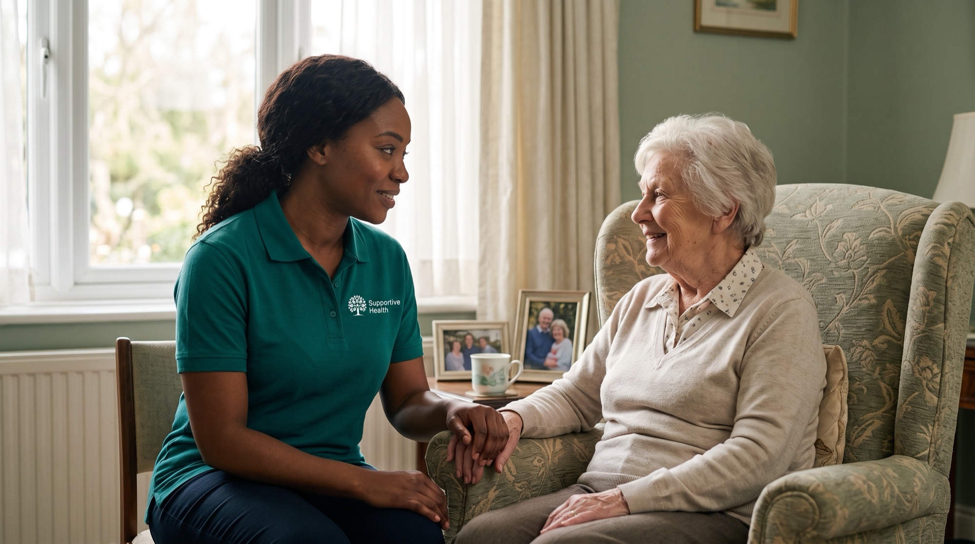 African carer in a teal Supportive Health uniform listening to an elderly woman in her living room in Northampton