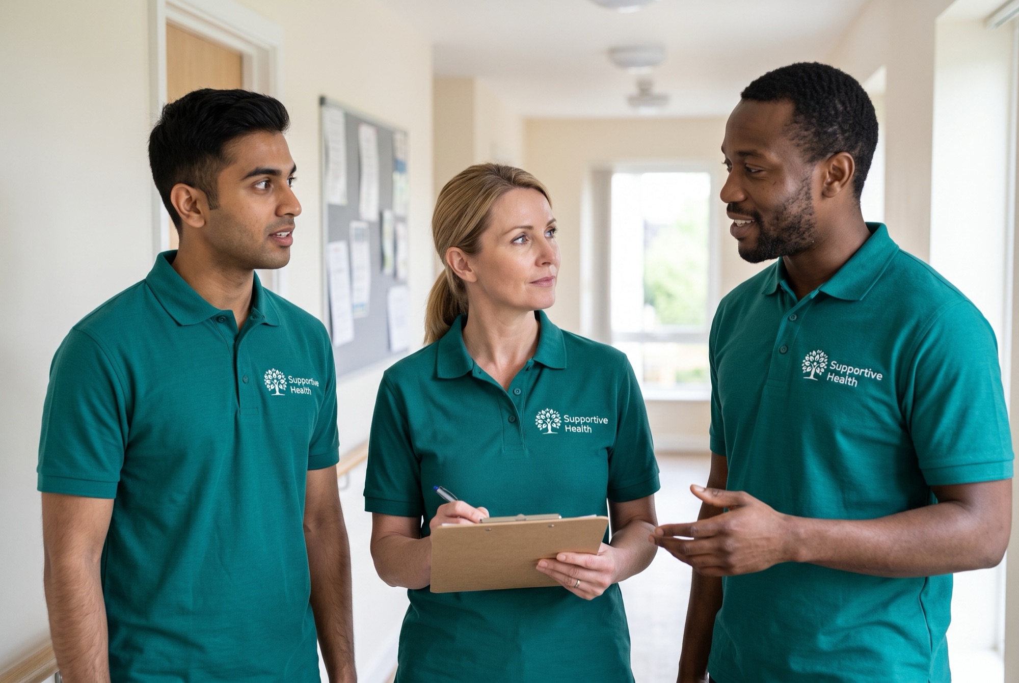 Supportive Health nurse and support workers in teal uniforms during a staff handover in a supported living service
